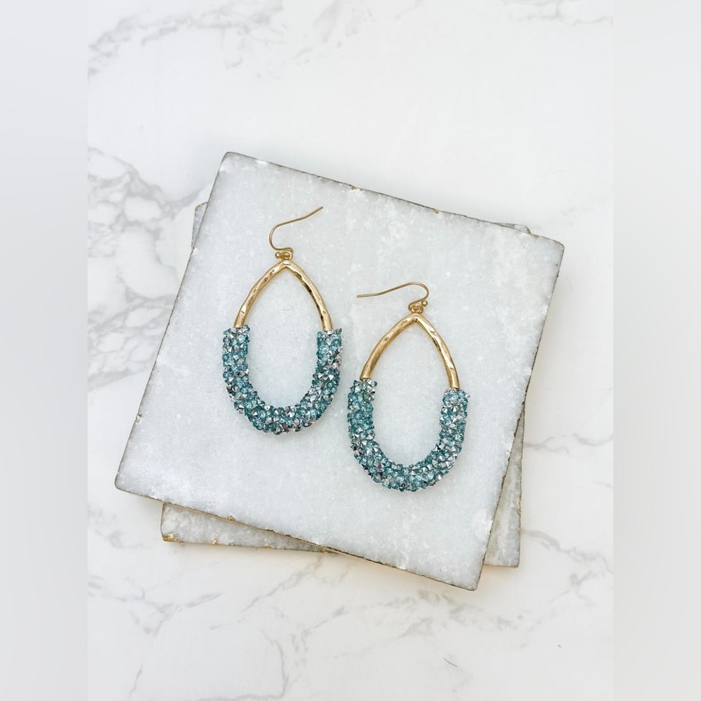 Crystal Encrusted Gold Teardrop Dangle Earrings - Blue